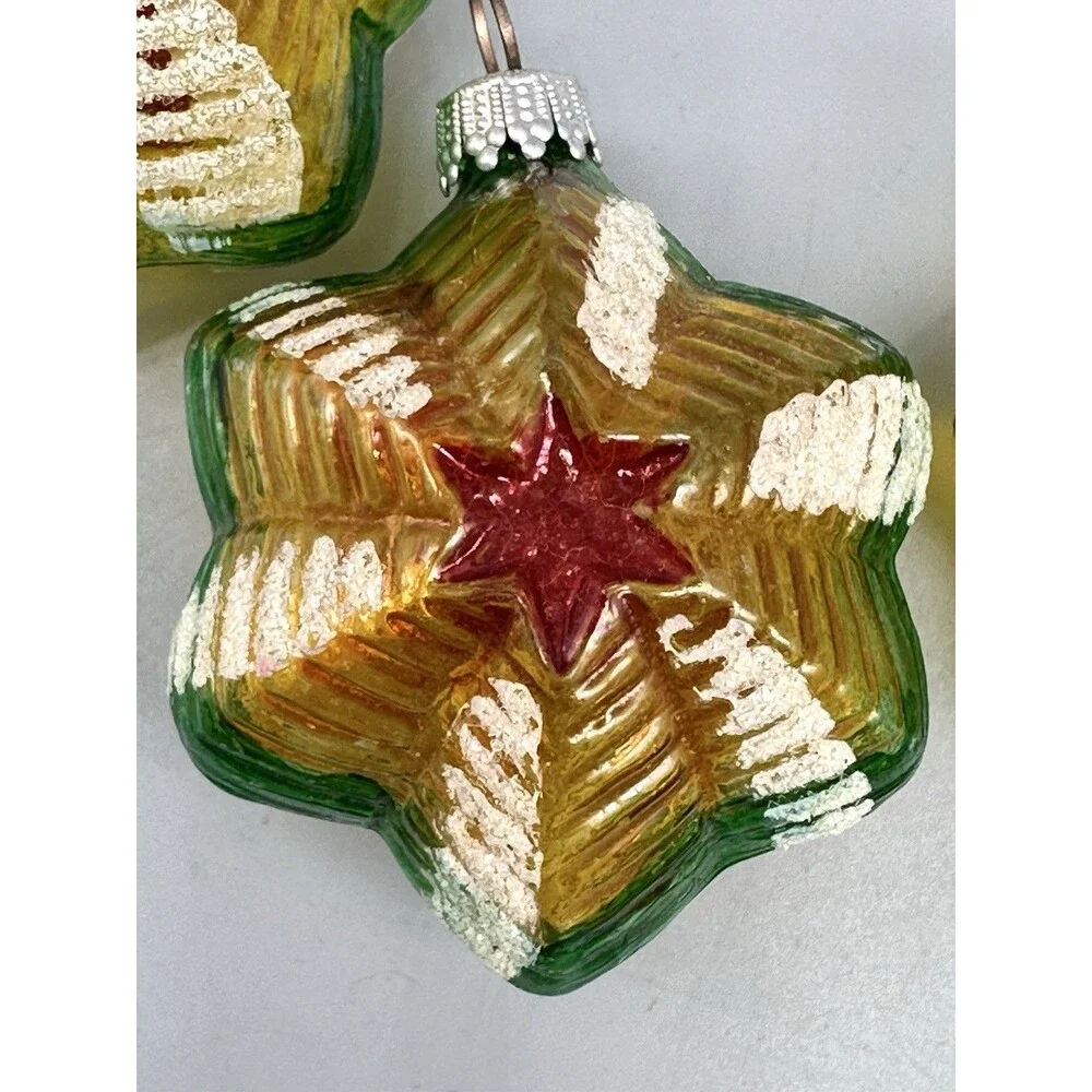 VTG West Germany Blown Glass Christmas Ornament Snowflake Star Mica Ribbed Set